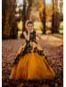 Gold Satin Black Lace Stunning Flower Girl Dress Gold Satin Black Lace Stunning Flower Girl Dress